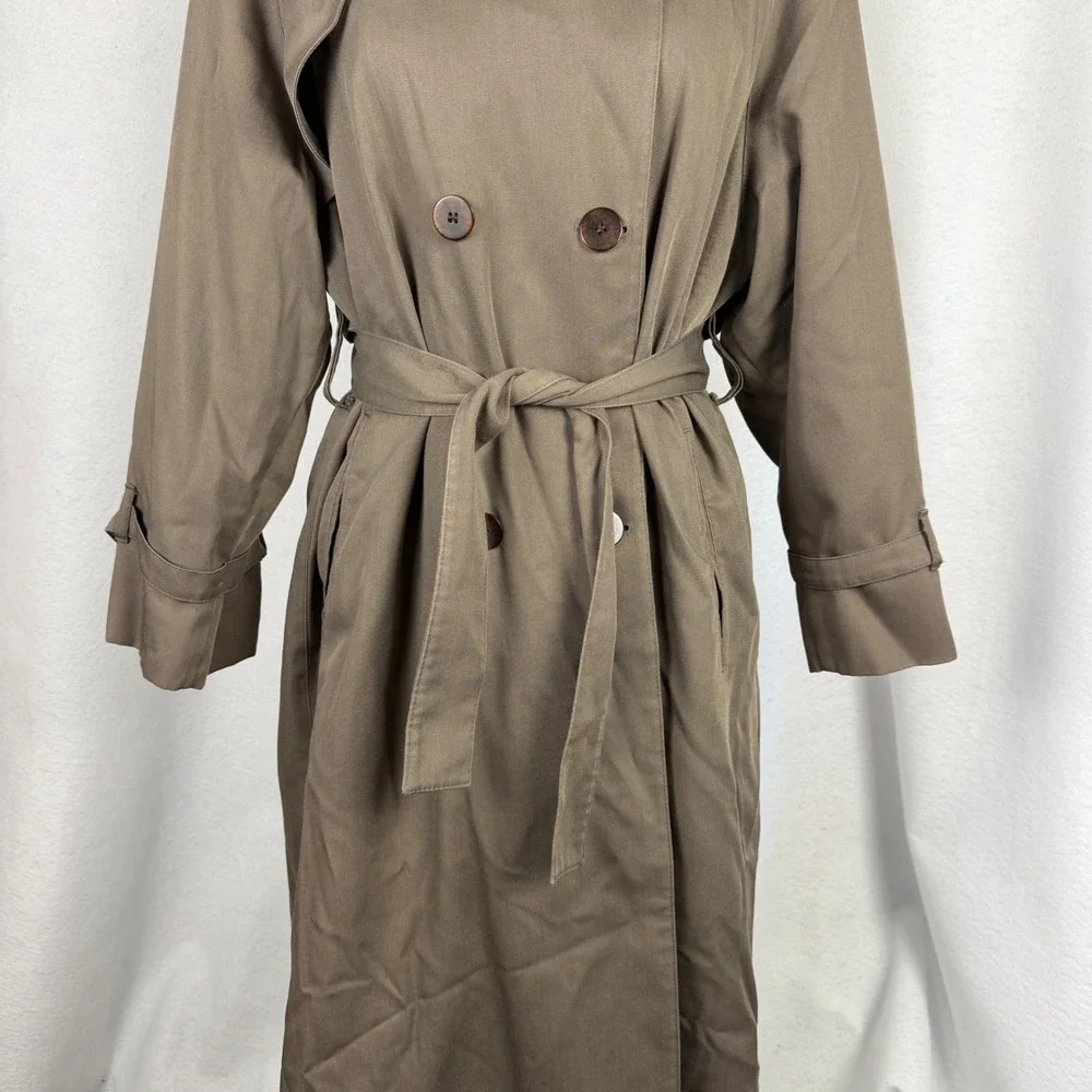 London Fog Trench Coat Womens 8 Petite Double Breasted Belted Olive Green
